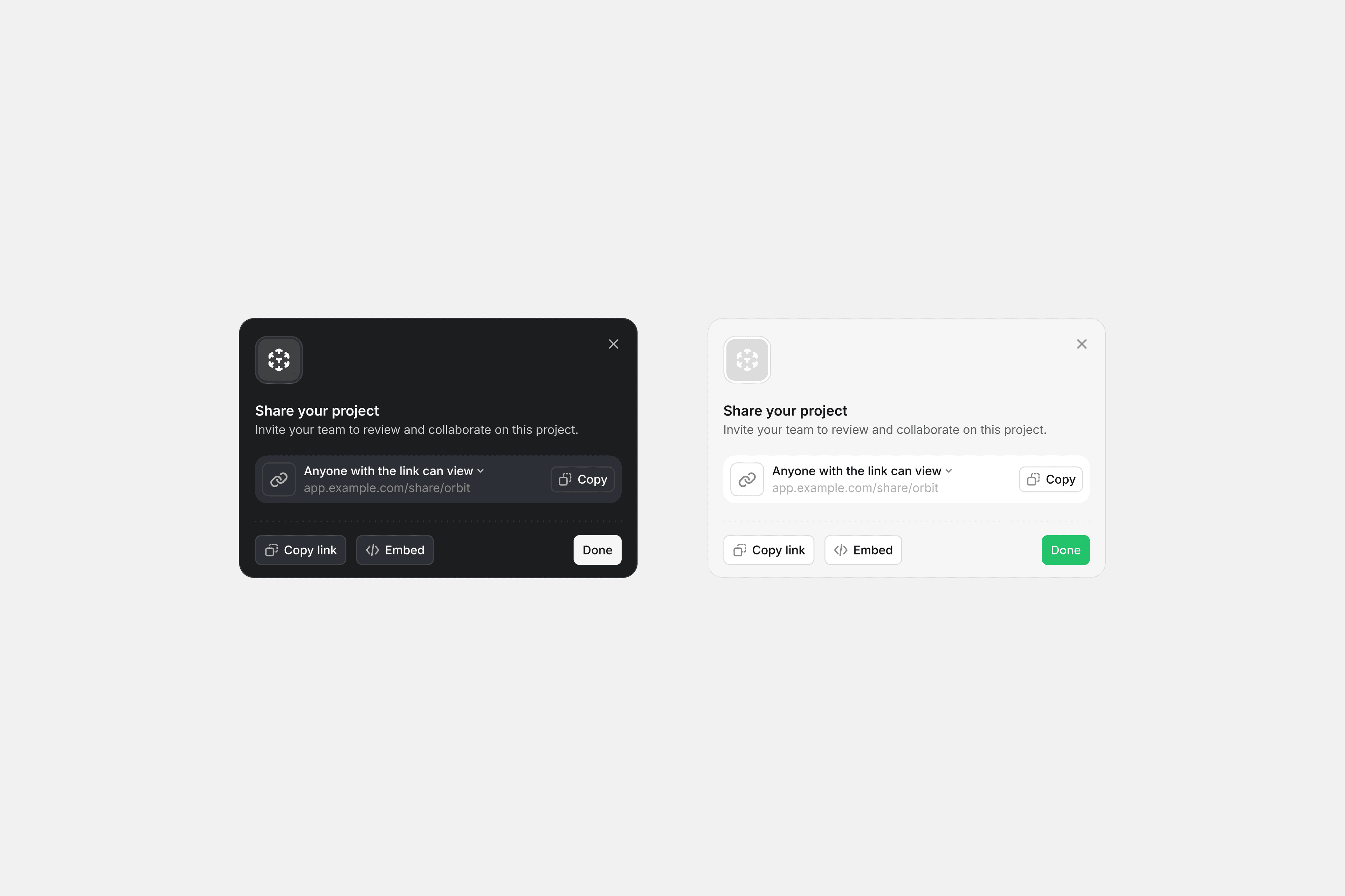 Ref Garden share project modal interface